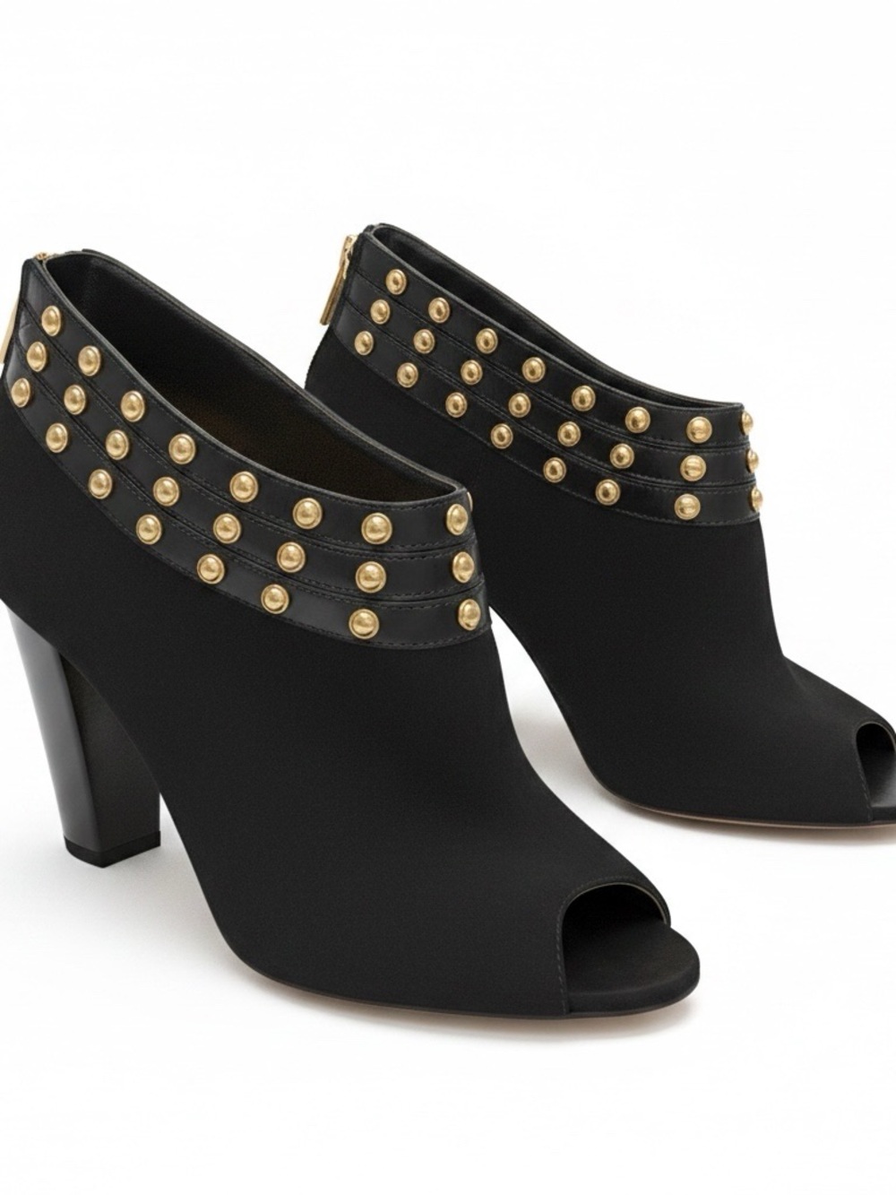 Kat Maconie Black Gold Studded Peep Toe Booties Heels Size 8 EU 39